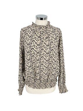 THML Brush Animal Print Smocked Ruffle Blouse Ivory Black Size Medium